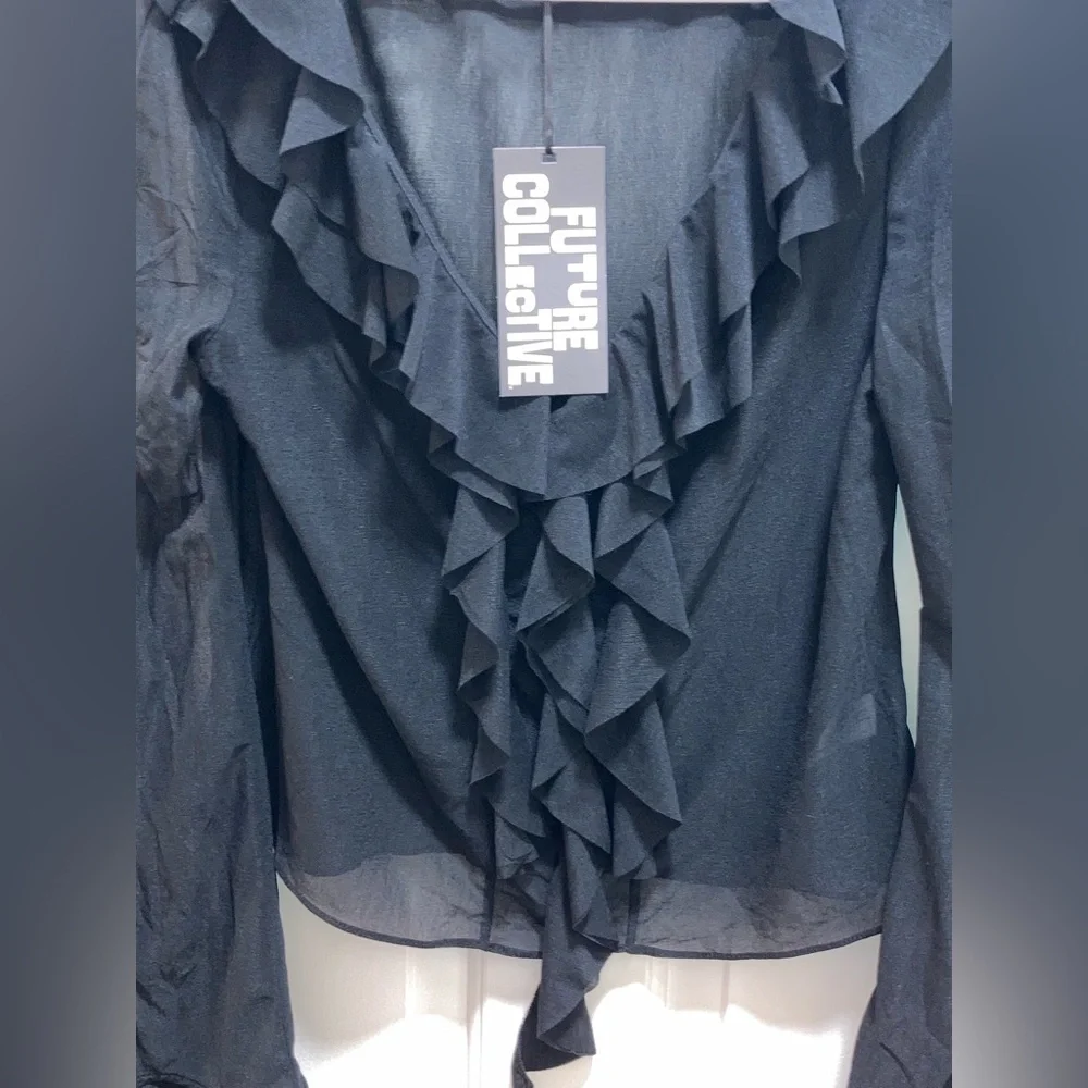 Future Collective Women's Ruffle Long Sleeve V Neck Blouse Black sheer Size S - Picture 3 of 4